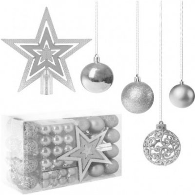 SPRINGOS Vánoční koule mix 3 4 6 cm s hvězdou stříbrné 101-dílná sada CA0020