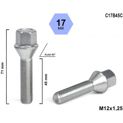 Kolový šroub M12x1,25x45 kužel, klíč 17, C17B45C, výška 71 mm – Zboží Mobilmania