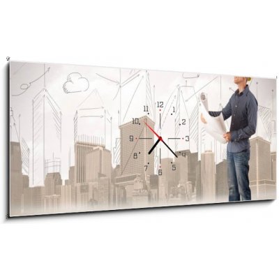 Obraz s hodinami 1D panorama - 120 x 50 cm - Business engineer planing at construction site with city backgro Obchodní inženýr hoblování na staveništi s městským backgro – Zboží Mobilmania