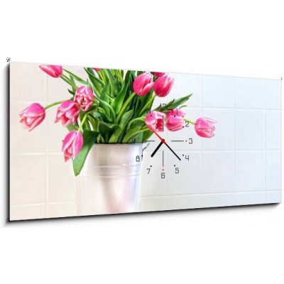 Obraz s hodinami 1D panorama - 120 x 50 cm - Pink tulips in white metal container Růžové tulipány v bílém kovovém kontejneru – Sleviste.cz