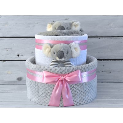 dortNEdort Dvoupatrový plenkový dort zdobený dvěma koalami Miminko se narodilo a je mu asi měsíc Barva dortuNEdortu nebo vzor deky: růžový mašle pro holčičku
