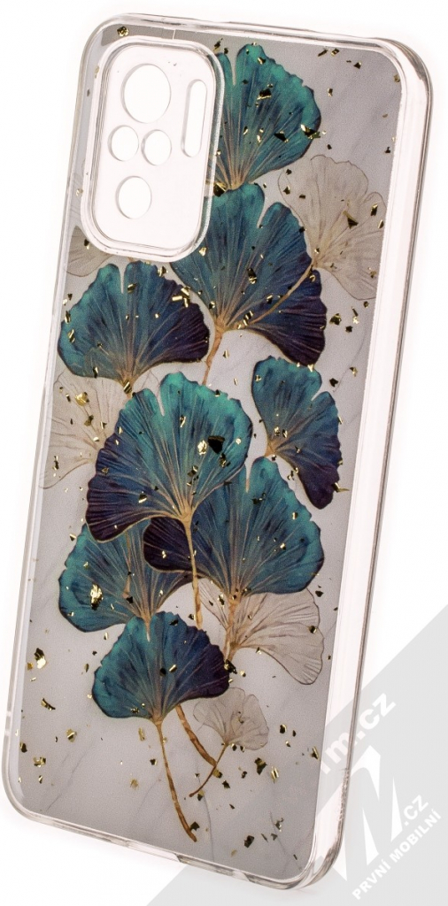 Pouzdro 1Mcz Gold Glam Lístky Skinny TPU ochranné Xiaomi Redmi Note 10, Redmi Note 10S, Poco M5s bílé zelené