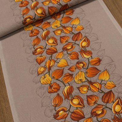 Bavlněné plátno vaflovina, utěrkovina / štola na metráž 703023 květy mochyně na béžové, š. 50cm (látka v metráži) – Sleviste.cz