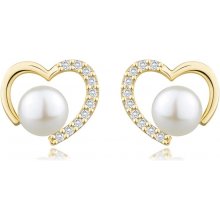Šperky eshop puzetové náušnice ze žlutého 14karátového zlata srdce bílá kultivovaná perla zirkony S5GG256.06