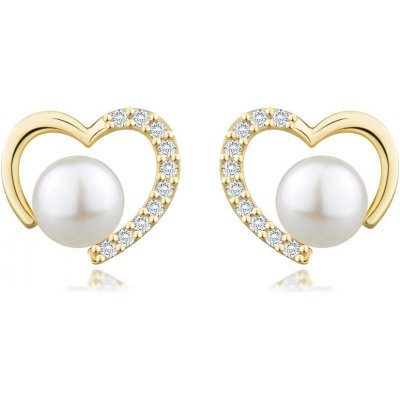 Šperky eshop puzetové náušnice ze žlutého 14karátového zlata srdce bílá kultivovaná perla zirkony S5GG256.06
