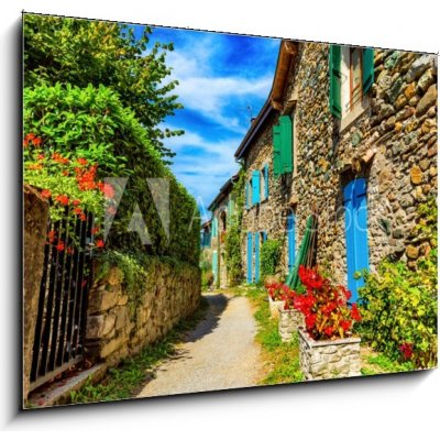Obraz 1D - 100 x 70 cm - Beautiful colorful medieval alley in Yvoire town in France Krásná barevná středověká ulička ve městě Yvoire ve Francii