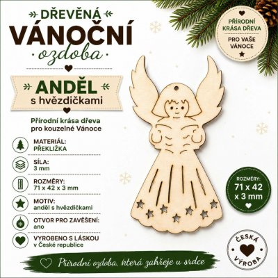 ADVIPO Dřevěná vánoční ozdoba Anděl s hvězdičkami 71 × 42 mm – Hledejceny.cz