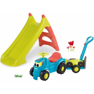 Smoby Set šmykľavka Toboggan XS zelená a odrážadlo s prívesom a kosačkou SM310270-5