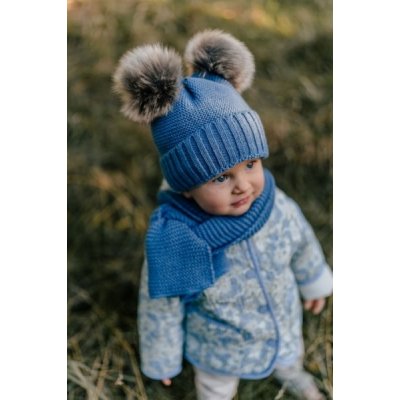 Baby Nellys Zimní čepice s kožešinovými bambulemi šál Star modrá
