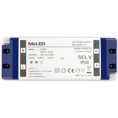 zdroj nápájecí pro LED pásky 24V DC 40W (1,65A) IP20 ML-732.071.11.1 plast. se svorkovnicí – Sleviste.cz