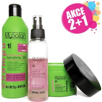 MySalon 3xKeratin Posilující šampon 300 ml + Posilující maska na vlasy MySalon 3xKeratin 250 ml + Tekutý keratin ve spreji MySalon 3xKeratin 100 ml dárková sada