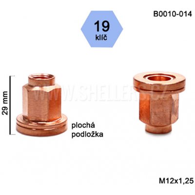 Kolová matice M12x1,25 otevřená s plochou podložkou a měděným povrchem, klíč 19, B0010-014, výška 29 | Zboží Auto