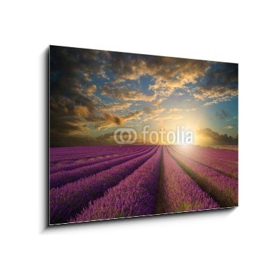 Skleněný obraz 1D - 100 x 70 cm - Vibrant Summer sunset over lavender field landscape Vibrantní letní západ slunce nad levandule krajiny – Hledejceny.cz