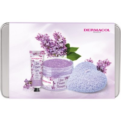 Dermacol Lilac Flower - Šeřík krém na ruce 30 ml + tělový peeling 200 g + vonná svíčka 130 g + plechová dóza, kosmetická sada pro ženy – Zboží Mobilmania