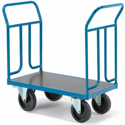 Plošinový vozík TRANSFER, 2 čelní trubkové rámy, 900x500 mm, 1000 kg, elastická gumová kola, s brzda