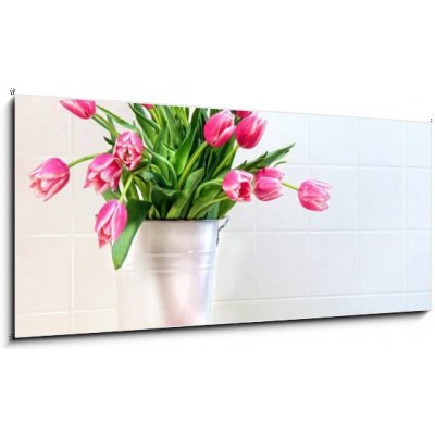 Obraz 1D panorama - 120 x 50 cm - Pink tulips in white metal container Růžové tulipány v bílém kovovém kontejneru