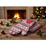 Vánoční kuchyňský set vánoční rukavice/chňapka CHRISTMASSY bílá/vínová 18x30 cm/20X20 cm 100% bavlna ESSEX – Zbozi.Blesk.cz