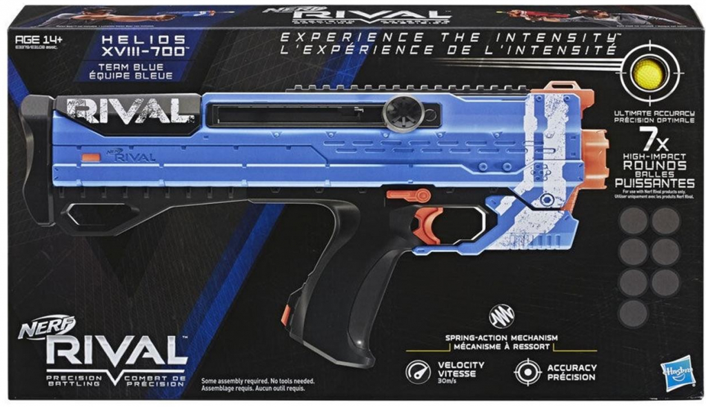 Nerf Rival Helios XVIII 700 – Blaster Blu Squadra, Capacità 7 Colpi, Velocità Fino A 90 Ft/s, Dai 14 Anni
