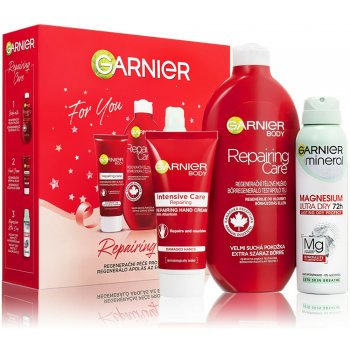 Garnier Repairing Care tělové mléko Repairing Care 400 ml + krém na ruce Intensive Care Repairing Hand Cream 100 ml + deodorant Mineral Magnesium Ultra Dry 72h 150 ml dárková sada