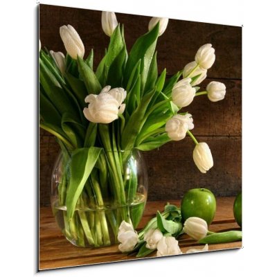 Obraz 1D - 50 x 50 cm - White tulips in glass vase on rustic wood Bílé tulipány ve skleněné váze na rustikálním dřevu – Zbozi.Blesk.cz