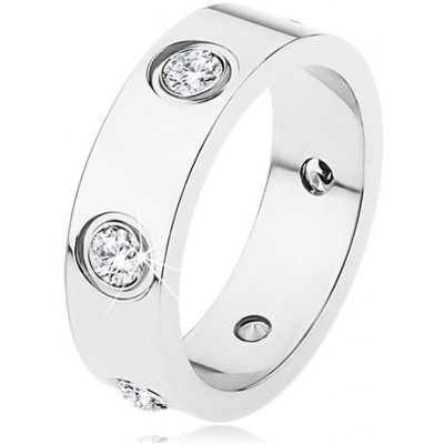 Šperky eshop ocelový prsten stříbrné lesklý hladký zdobený zirkony S70.09