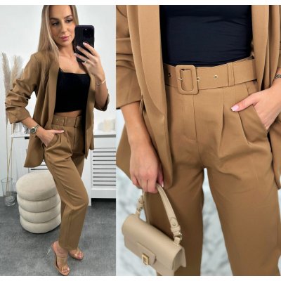 Fashionweek Italská souprava elegantního saka s kalhotami K80172B camel – Zboží Dáma
