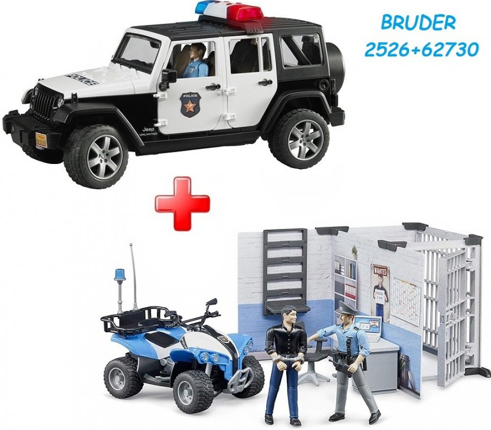 Bruder 2526 Jeep Wrangler Rubicon Policie s figurkou policisty + Bruder  62730 Policejní stanice s figurkami a čtyřkolkou | Srovnanicen.cz