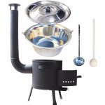 Kessel kotlík na guláš nerez 20 l INOX 1,2 mm speciální žáruvzdorná kotlina Plus 600 °C 42 cm poklice nerez 46 cm INOX naběračka 350 ml a vařečka 50 cm SUPER PARTY – Zboží Dáma