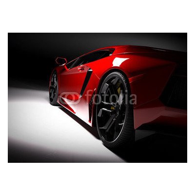 WEBLUX 115248334 Fototapeta plátno Red fast sports car in spotlight Červené rychlé sportovní auto v reflektoru černé pozadí. Lesklý nový luxusní. rozměry 160 x 116 cm – Zboží Mobilmania