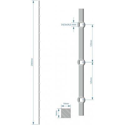 Probíjená tyč délky 2000 mm, opískovaná, profil 14 x 14 mm, rozteč děr 125 mm, oko 14,5 x 14,5 mm, na tyči je 14 děr