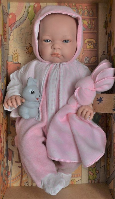 Lamagik Realistické miminko holčička Jenny v růžovém oblečku s kapucou
