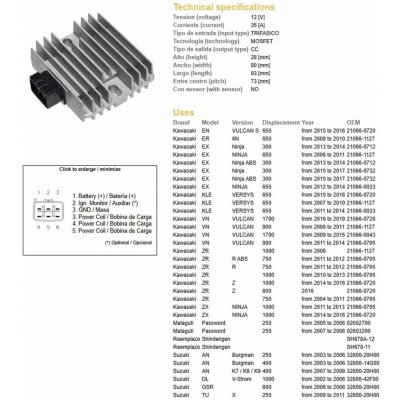 DZE regulátor napětí KAWASAKI EX 300/650 NINJA 06-17; KLE 650 VERSYS 07-16; VN 900/1700 06-19; ZR 750/800/1000 04-16; SUZUKI AN 250/400 03-06; DL 1000 02-06; UH 125/150/200 07-14; YAMAHA TMAX 500 09-1 | Zboží Auto
