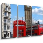 Obraz 3D třídílný - 105 x 70 cm - Telephone box, Big Ben and double decker bus in London Telefonní schránka, Big Ben a dvoupatrový autobus v Londýně