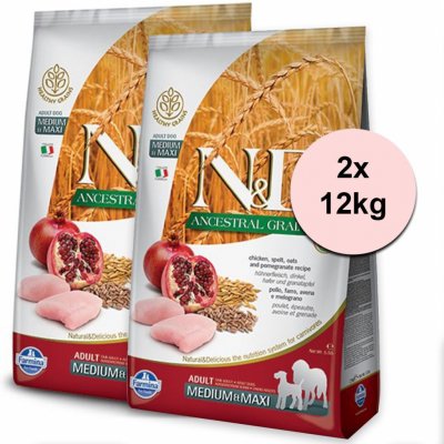 N&D Ancestral Grain Dog Adult Medium & Maxi Chicken & Pomegranate 2 x 12 kg