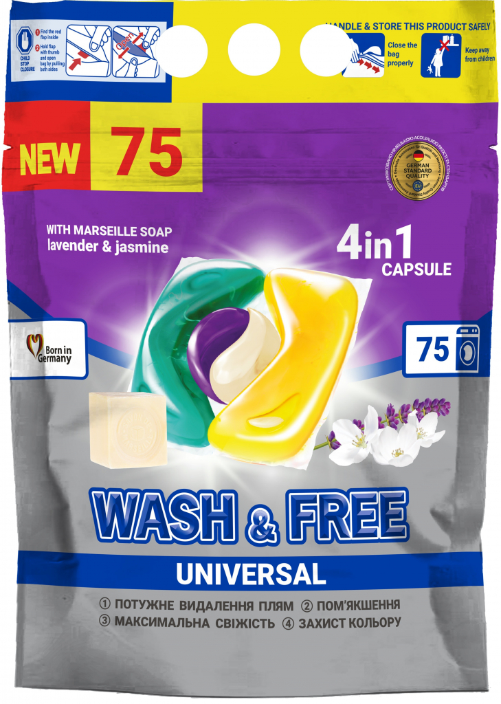 Wash&Free kapsle na praní Jasmín a Levandule s marseillským mýdlem 75 ks