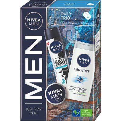 Nivea Men Sensitive sprchový gel 3 v 1 250 ml + Black & White antiperspirant proti bílým skvrnám 150 ml + Creme krém na obličej a tělo 150 ml – Zboží Mobilmania
