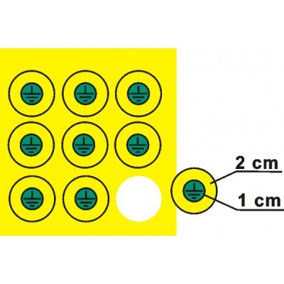 Znak uzemnění v kruhu (žluté mezikruží o prům.2cm) | Samolepka, aršík 90 ks