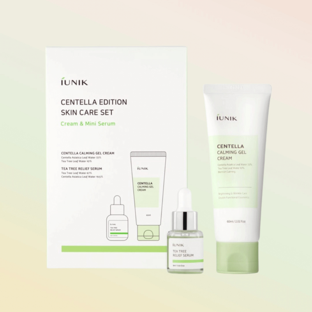 iUNIK Centella Edition Skincare zklidňující gel krém s Pupečníkem asijským 60 ml + sérum pro problematickou pleť s vodou z listů čajovníku 15 ml dárková sada