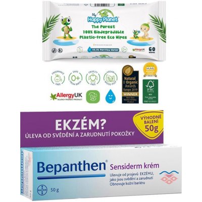 Bepanthen krém Sensiderm proti ekzému 50 g + ubrousky Happy Planet 100% BIO 60 ks dárková sada – Zbozi.Blesk.cz