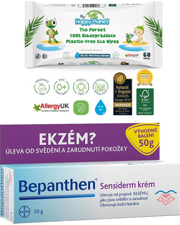 Bepanthen krém Sensiderm proti ekzému 50 g + ubrousky Happy Planet 100% BIO 60 ks dárková sada