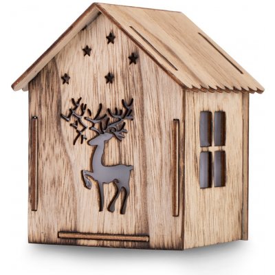 Dekorační vánoční dřevěný domeček s LED osvětlením s motivem jelena 13x11x10,5 cm – Zbozi.Blesk.cz