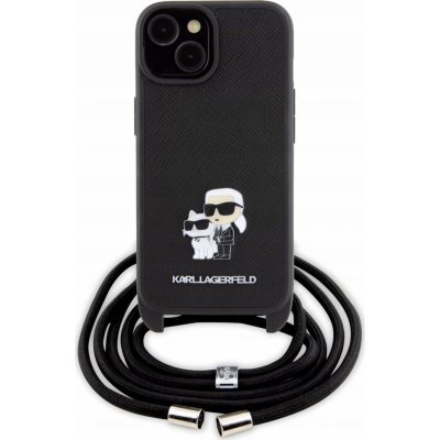 Pouzdro Karl Lagerfeld iPhone 15 Crossbody Saffiano Metal Pin Karl & Choupette Plus černé