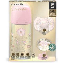 Suavinex Gold kojenecká láhev Gold set láhev 270ml + dudlík fyziologický + klip gold růžová