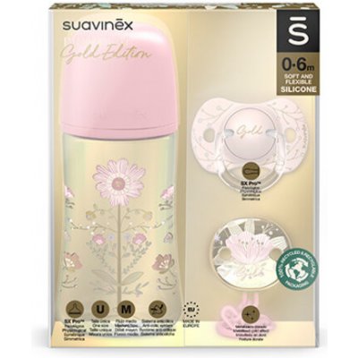 Suavinex Gold kojenecká láhev Gold set láhev 270ml + dudlík fyziologický + klip gold růžová – Zboží Mobilmania
