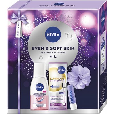 Nivea Even&Soft Luminous630 Skin Glow sérum 30 ml + Dvoufázový odličovač očí a make-upu 125 ml + Labello Over Night Care pečující balzám na rty 4,8 g – Zbozi.Blesk.cz