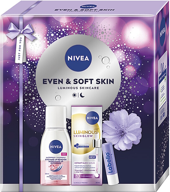 Nivea Even&Soft Luminous630 Skin Glow sérum 30 ml + Dvoufázový odličovač očí a make-upu 125 ml + Labello Over Night Care pečující balzám na rty 4,8 g