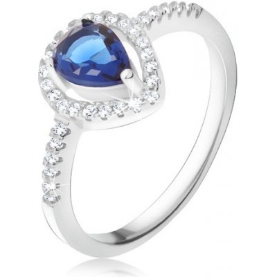 Šperky eshop prsten tmavě modrý slzičkovitý kámen čiré zirkony stříbro 925 K4.16
