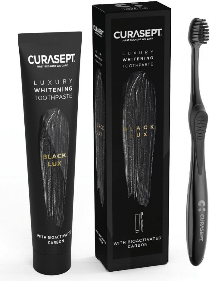 Curasept Black Luxury bělící zubní pasta s aktivním uhlím 75 ml + zubní kartáček dárková sada