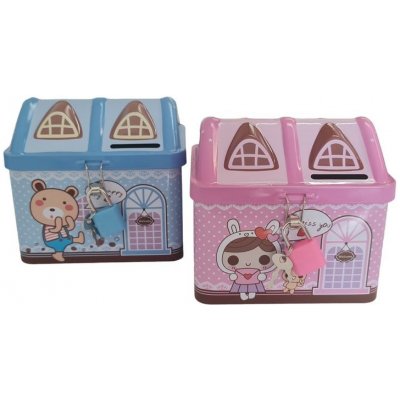 pokladnička DOMEK zámek 12x9,5x10cm růž. modrý plech – Sleviste.cz