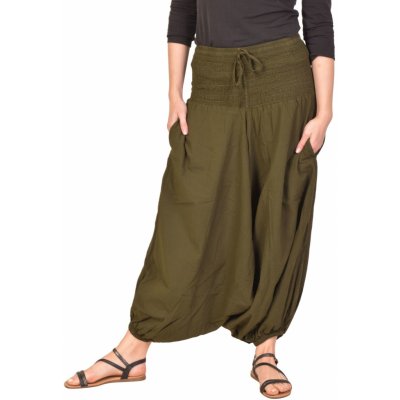 Sanu Babu Turecké kalhoty bavlněné khaki zelené kapsy guma a žabičkování v pase – Sleviste.cz